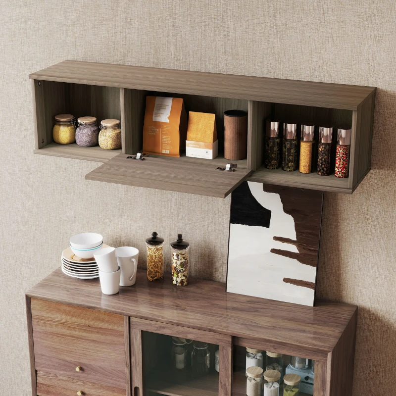 HOMCOM Meuble TV suspendu, Armoire murale avec 2 compartiments ouverts et porte rabattable, 120 x 30 x 29,5 cm, marron