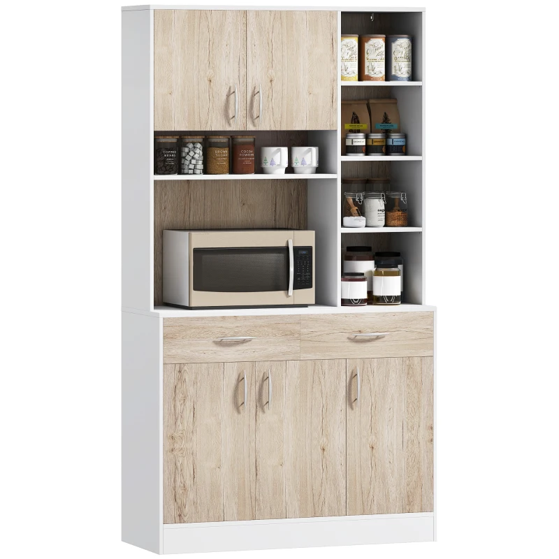 HOMCOM Mobile Buffet Dispensa Cucina, Ante Cassetti e Vani Aperti, 100L x 39P x 181.5Acm Bianco e Legno