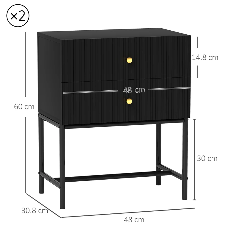 HOMCOM Elegant Two-Drawer Bedside Table Set of 2 - Black