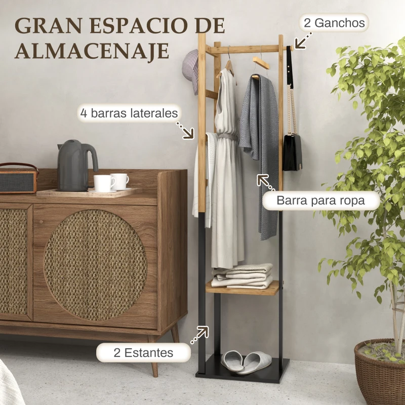 HOMCOM Perchero de Pie de Bambú con 2 Estantes 2 Ganchos 5 Barras con Estructura de Acero para Colgar Ropa Natural y Negro