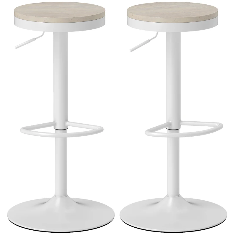 HOMCOM Lot de 2 tabourets de bar, chaises de bar pivotantes avec assise en hévéa, hauteur réglable et repose-pieds, blanc