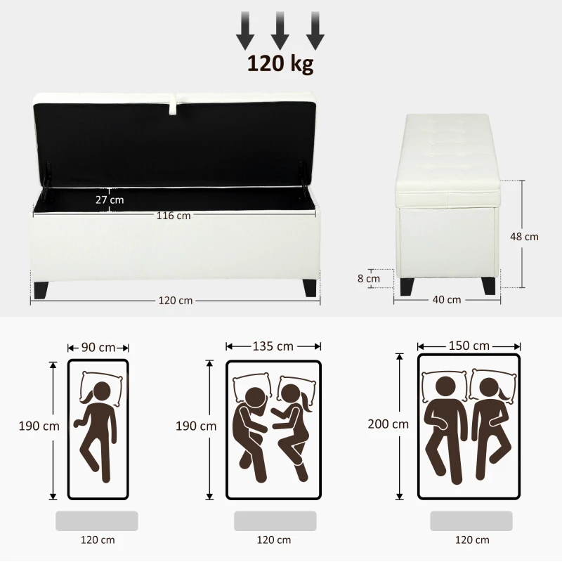 HOMCOM Banco de Almacenaje con 2 Bisagras de Seguridad Tapa Abatible para Dormitorio Salón 120x40x48 cm Crema