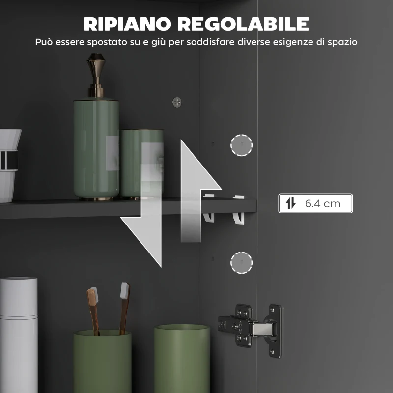 HOMCOM Armadietto Pensile Bagno 2 Ante con Specchiera e 2 Ripiani Interni in MDF, 60x15x75 cm, Nero