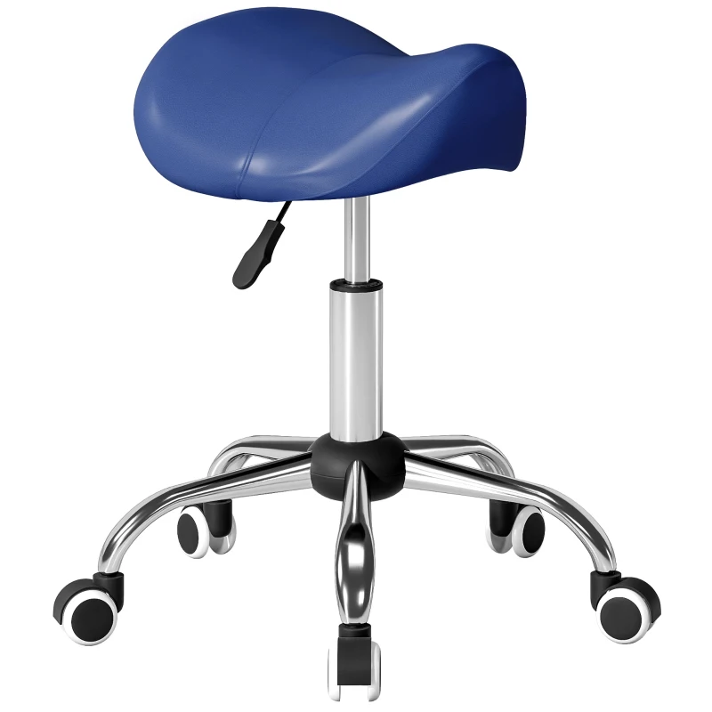 HOMCOM Taburete con ruedas, silla de trabajo con altura ajustable 49-61 cm y asiento ergonómico, 52x53x49-61cm, azul