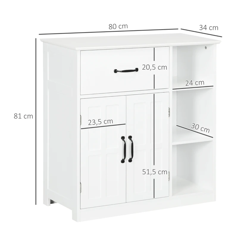 kleankin Mueble de baño armario de baño independiente con doble puerta cajón compartimentos abiertos 80x34x81 cm Blanco