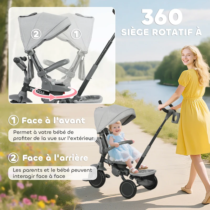 AIYAPLAY Tricycle bébé évolutif 6 en 1, tricycle enfant pliable avec poignée parentale réglable, siège pivotant 360°, gris