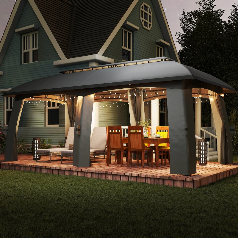 Outsunny Pavillon, Partyzelt, mit Fliegennetzen, Winddach, bis 15 Personen, dunkelgrau, 3 x 6 x 3 m