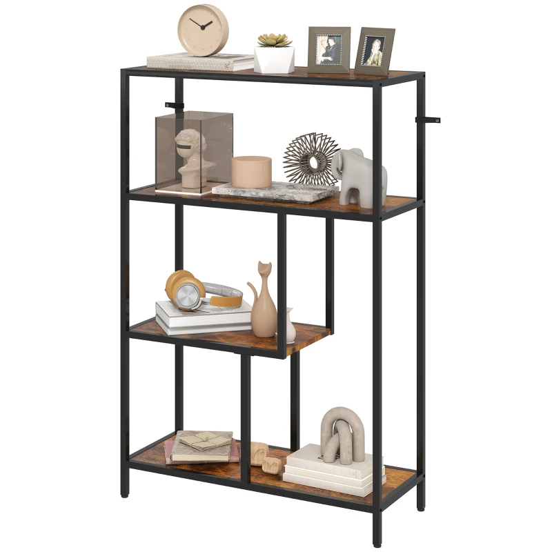 HOMCOM Bibliothèque Mobile à 4 Étagères de Style Industriel en Bois et Métal, 77x30x116 cm, Marron Rustique