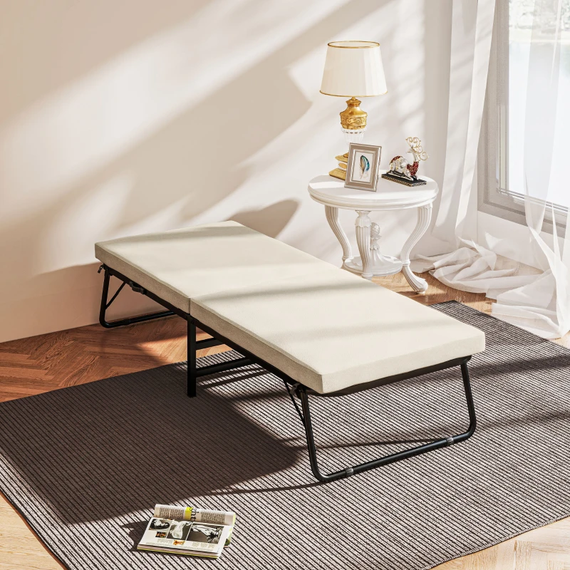 HOMCOM Lit Plié Pliant 70x180 cm avec Matelas en Mousse Dossier Ajustable en 5 Positions et Roulettes Charge 120 kg Crème