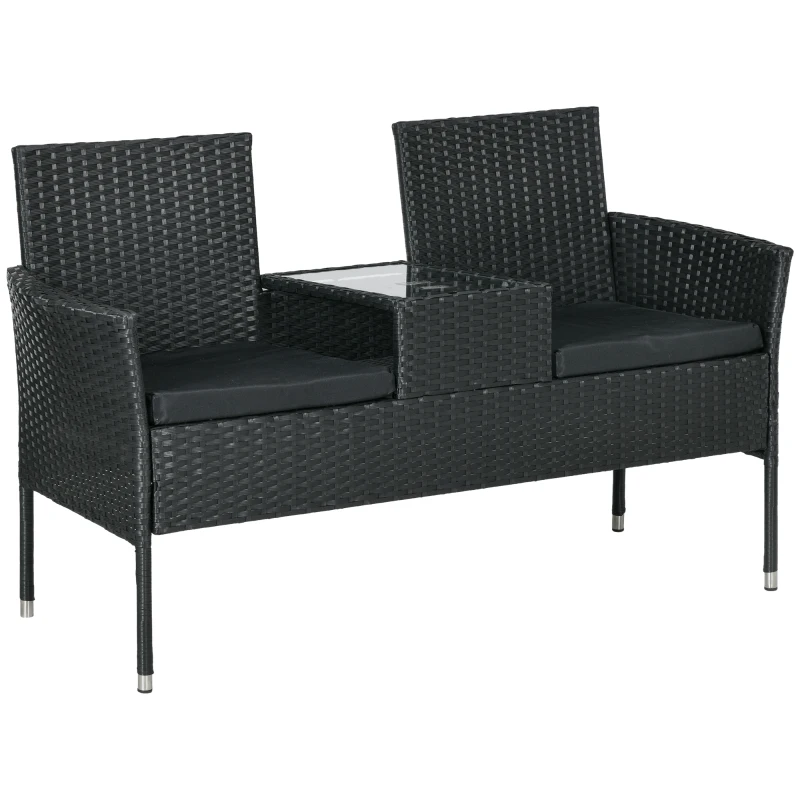 Outsunny Canapé de Jardin 2 Places avec Table Basse, en Acier et Rotin PE, 137x59x82 cm, Noir