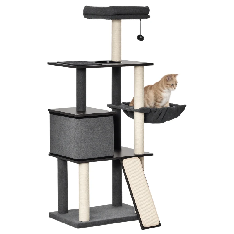 PawHut Árbol para Gatos Grande Altura 146 cm con Plataformas Cueva de Fieltro Extraíble Postes Rascadores de Sisal Hamaca Cojines Lavables Rampa y Bola de Juguete 60x40x146 cm Gris