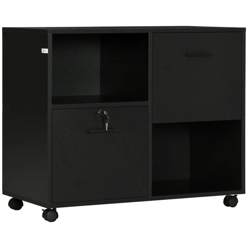 Vinsetto Dulap de Birou cu 2 Sertare pentru Dosare si Rafturi Deschise din PAL, Manere din Otel, Roti cu Blocare, 80x40x66cm, Negru