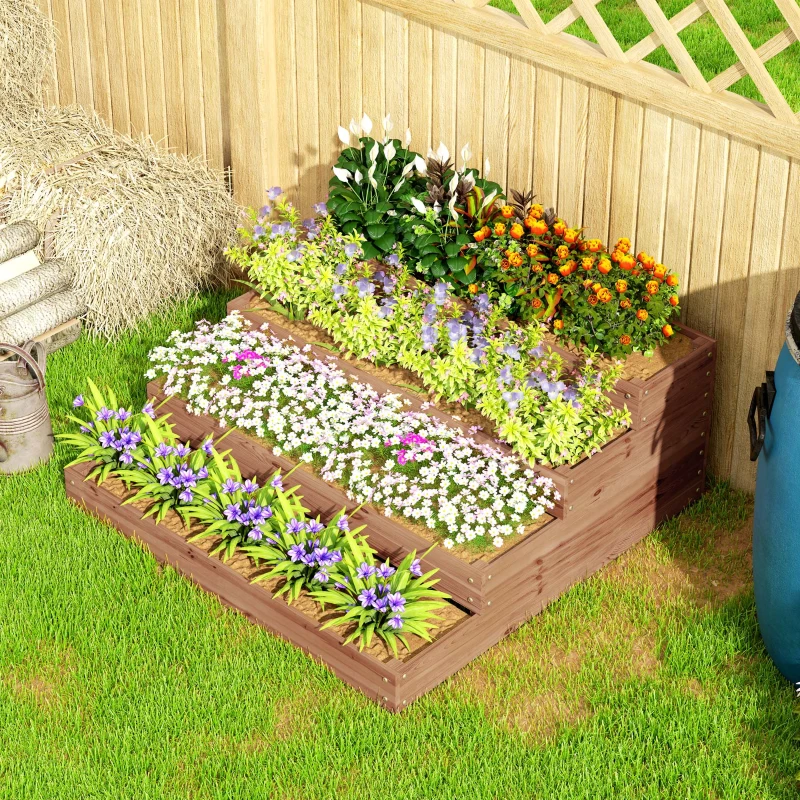Outsunny Lit de Jardin surélevé à 4 Niveaux en Bois de Sapin avec Fond Ouvert, 113x113x46 cm, Marron