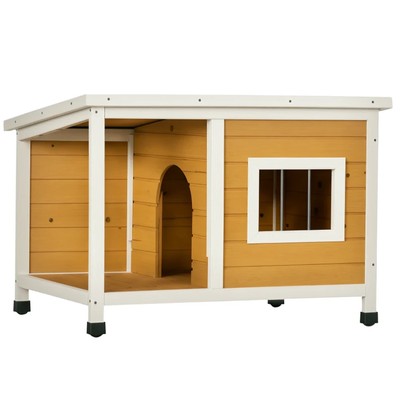 PawHut Hundehütte mit Veranda, aufklappbares Dach, Fenster, verstellbare Füße, Naturholz, orange, 85,5 x 62 x 60 cm