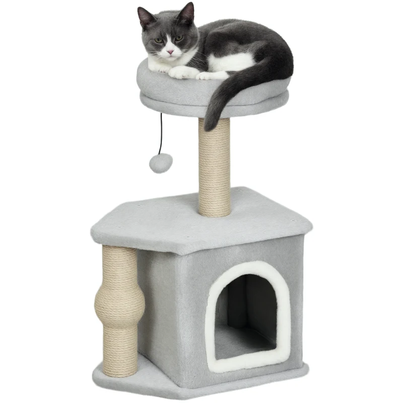 PawHut Arranhador para Gatos com Cama Caverna Plataforma Bola Suspensa e Poste de Juta 42x30x66 cm Cinza e Bege