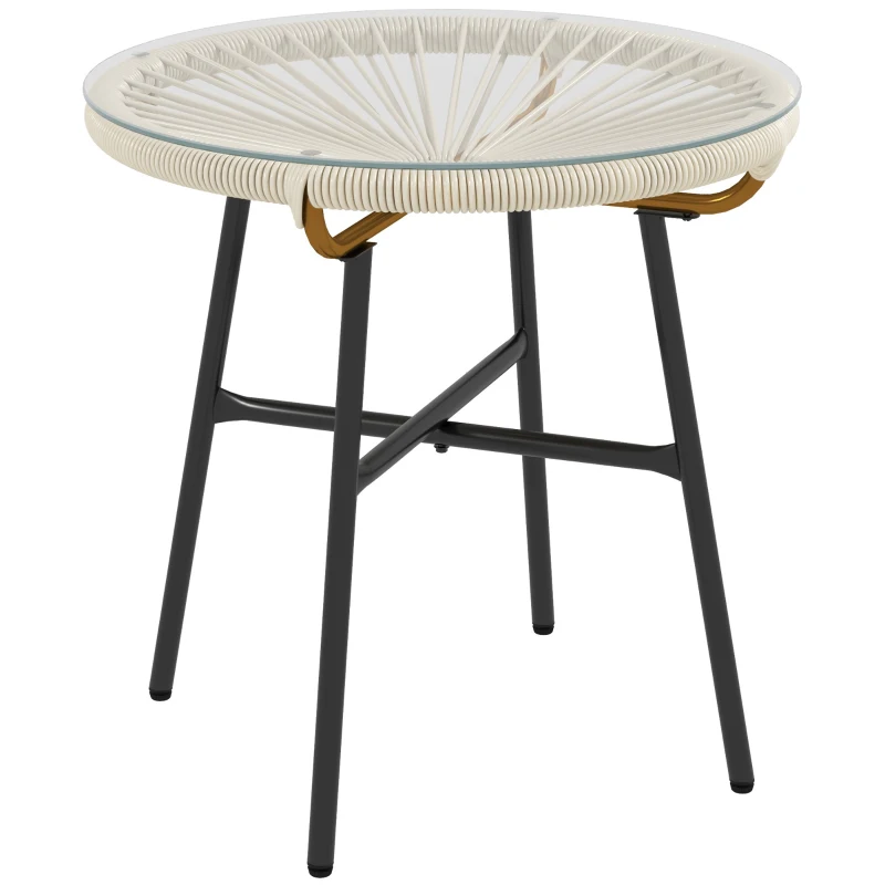 Outsunny Mesa Auxiliar de Ratán Sintético Redonda para Exteriores con Encimera de Vidrio Templado Ø50x50 cm Crema