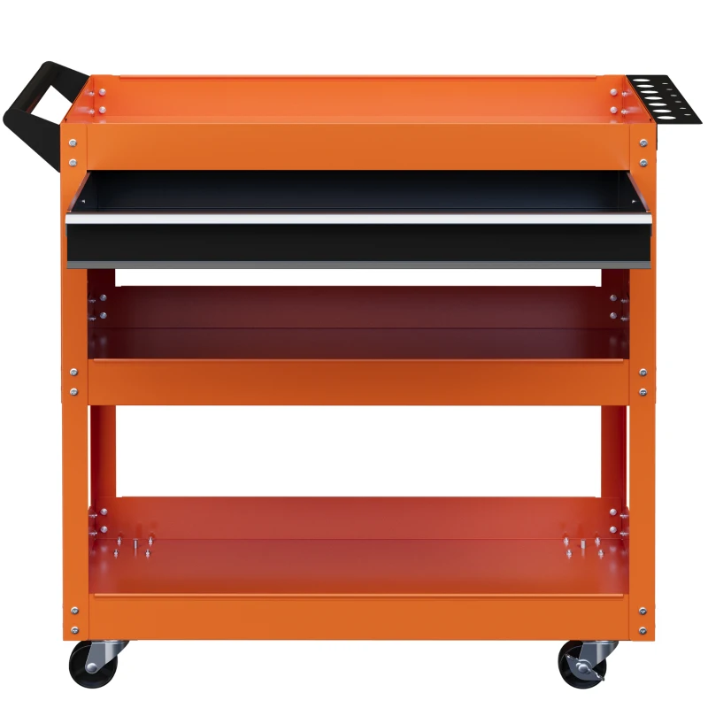 DURHAND Chariot Porte-Outils avec Poignée Latérale, Tiroir et 3 Étagères en Acier, 82x35x76 cm, Orange