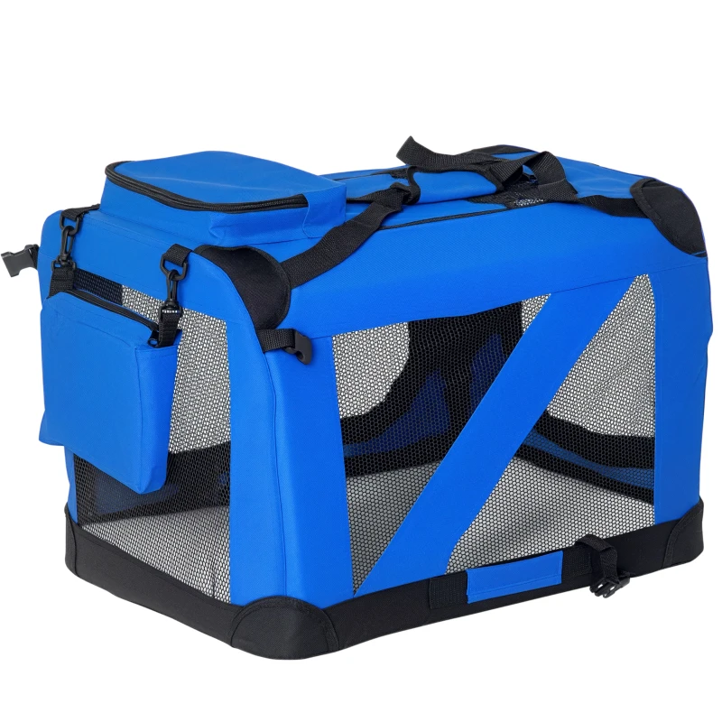 PawHut Transportín para Perros y Gatos Bolsa de Transporte para Mascotas Plegable con Cojín y Ventanas de Malla 60x42x42cm Azul