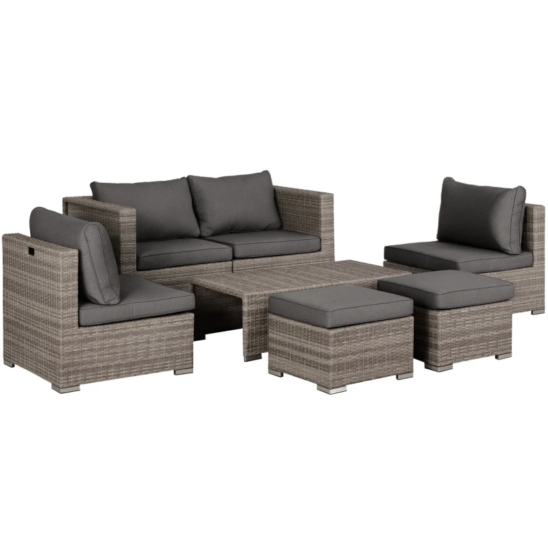 Outsunny Conjunto de Muebles de Jardín 8 Piezas de Ratán Sintético con 2 Mesas Reposapiés y Cojines para Patio Terraza Marrón y Gris