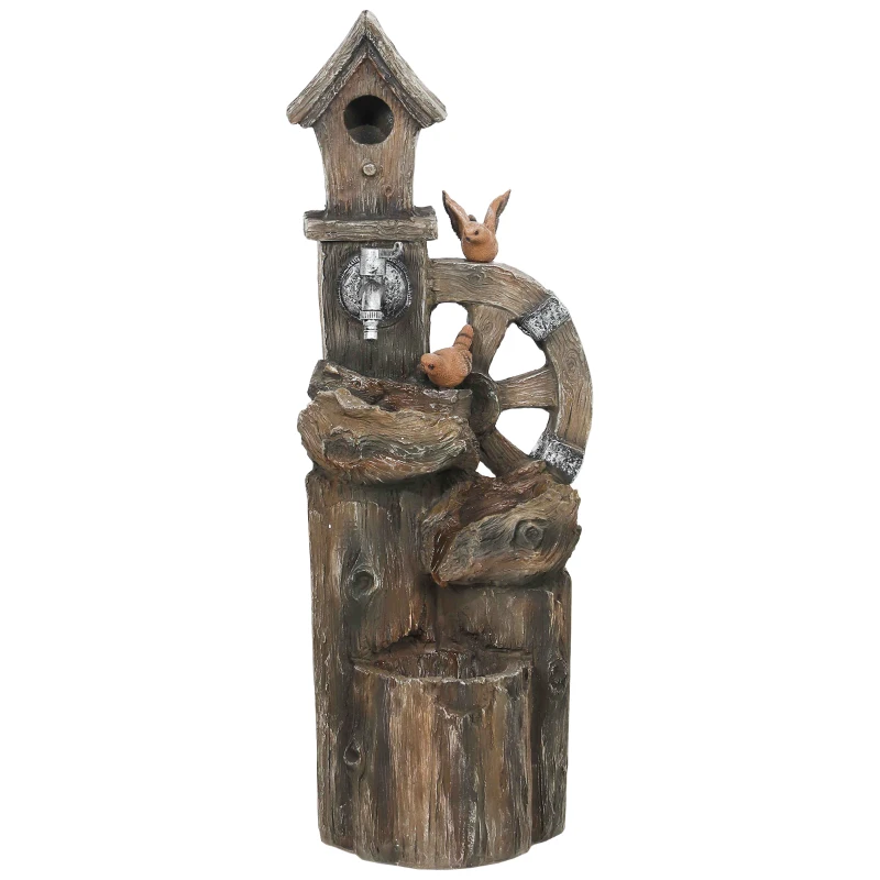 Outsunny Fontaine de Cascade 2 en 1 avec Maisonnette pour Oiseaux avec Lumières LED et Pompe Caractéristique de Jardin avec Troncs Multicolore