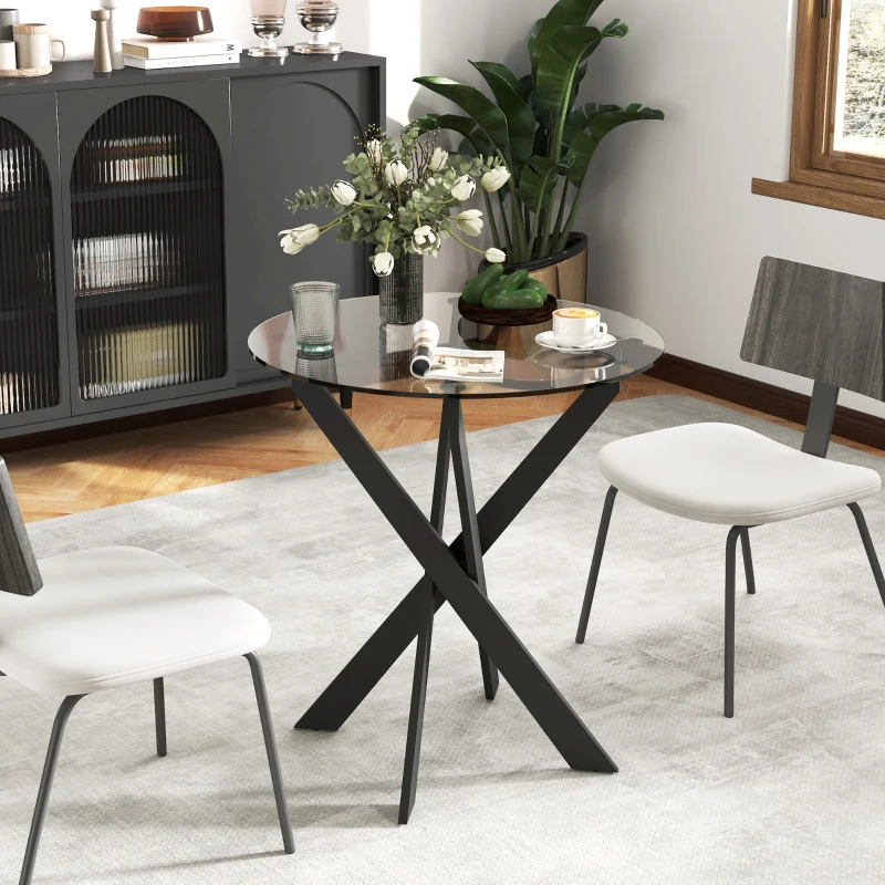 HOMCOM Table à manger moderne en verre, 70 cm de diamètre, Table de cuisine avec plateau en verre trempé et pieds en métal, pour 4 personnes