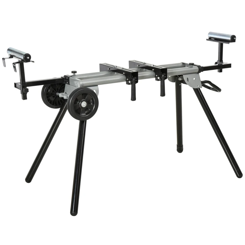 DURHAND Mitre Saw Stand with Extensions, Sawhorse for Cutting Logs, Foldable with Wheels Max Load 150 Kg, Black and Grey