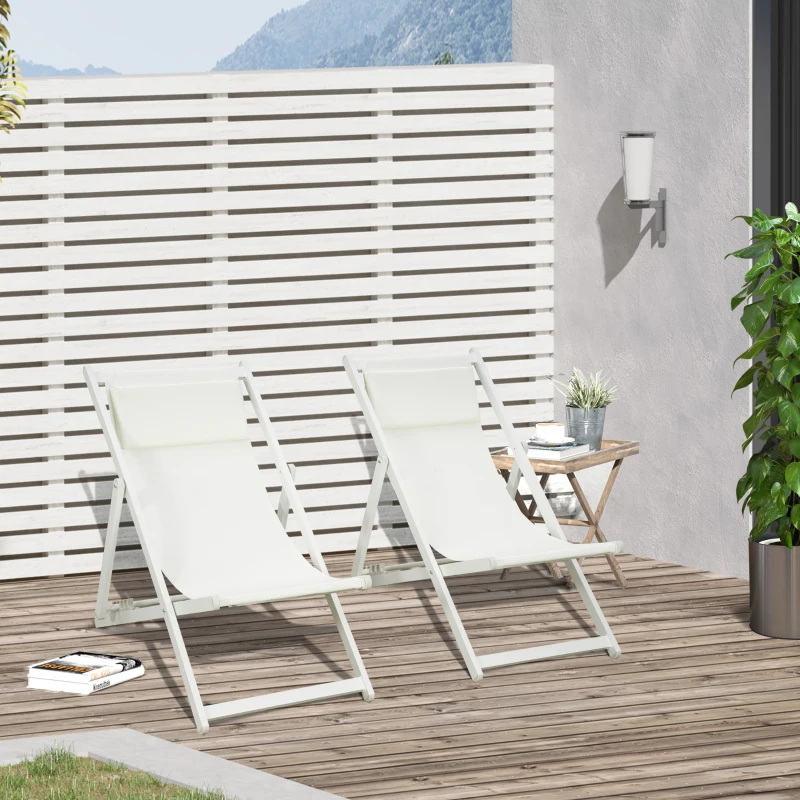 Outsunny Ensemble de 2 Chaises Longues de Jardin Pliantes et Inclinables en Aluminium, 96,5x58x91,5 cm, Beige