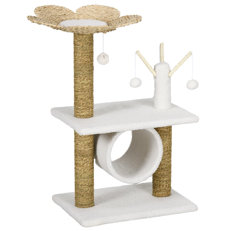 PawHut Arbre à chat griffoir sisal naturel tunnel plateforme style cosy chic quenouille peluche polyester 56 x 40 x 91cm beige