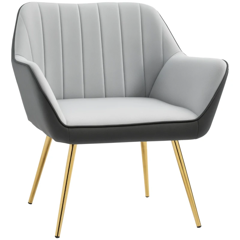 HOMCOM Silla de Cuero Sintético y Terciopelo con Respaldo a Rayas Patas Doradas y Asiento Acolchado para Salón Dormitorio Gris