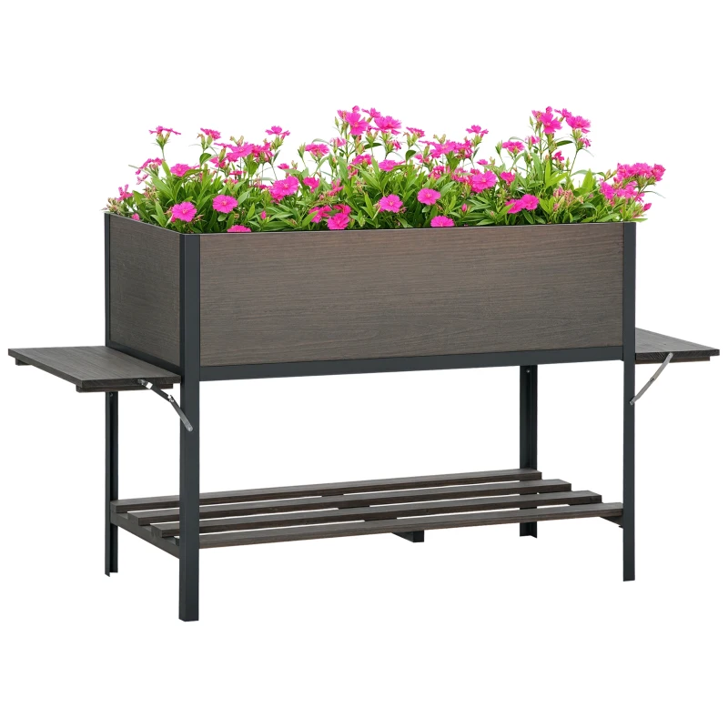 Outsunny Huerto Urbano Elevado de Madera 140x46x75,5 cm Mesa de Cultivo de Jardín con 2 Baldas Laterales Estante Inferior y 2 Orificios de Drenaje para Plantas Flores Gris