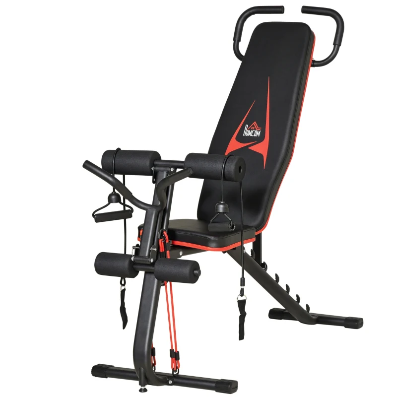 HOMCOM Hantelbank verstellbare Trainingsbank mit elastischer Seils Sit Up-Bank für Heimtraining 6 Stufen Rückenlehne-Gefälle Gewicht bis 150 kg Stahl Kunstleder Schwarz+Rot 145 x 49 x 48-127 cm
