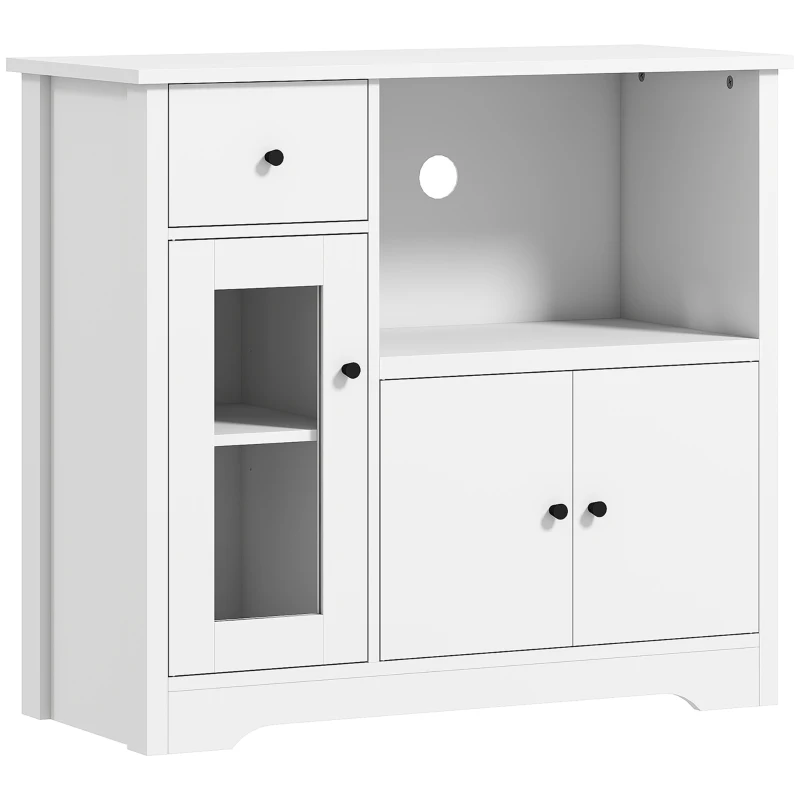HOMCOM Meuble de Cuisine avec Trou pour Câble, Buffet avec 2 Armoires, Étagère Ouverte, Tiroir, 80 x 35 x 72,2 cm, Panneau de Particules, Blanc