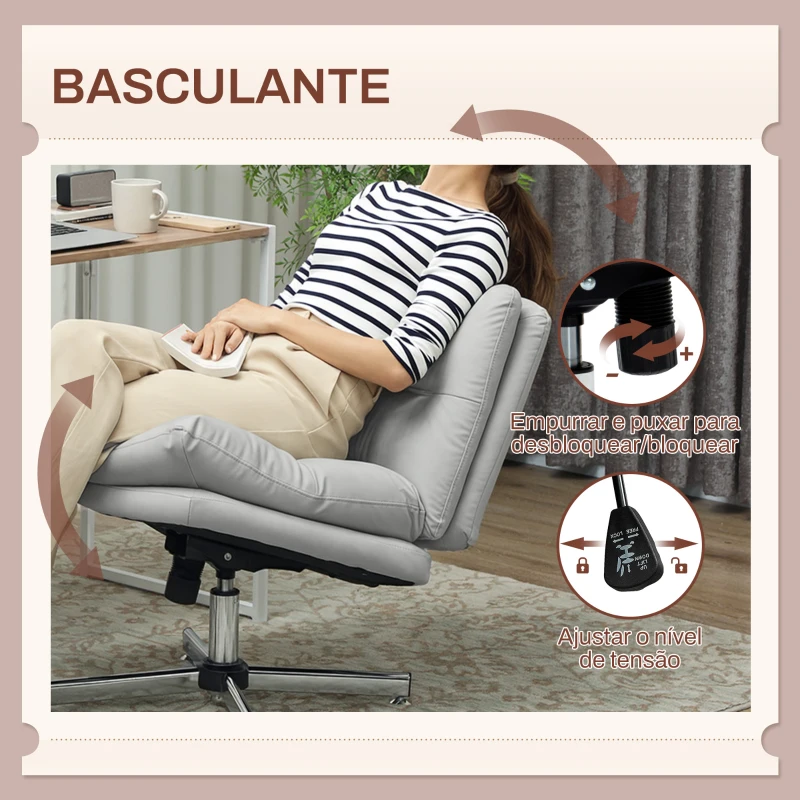 HOMCOM Cadeira de Escritório com Altura Ajustável Função Basculante Base Cruzada e Assento Amplo Cadeira para Estúdio 65x65x84-94 cm Cinza Claro