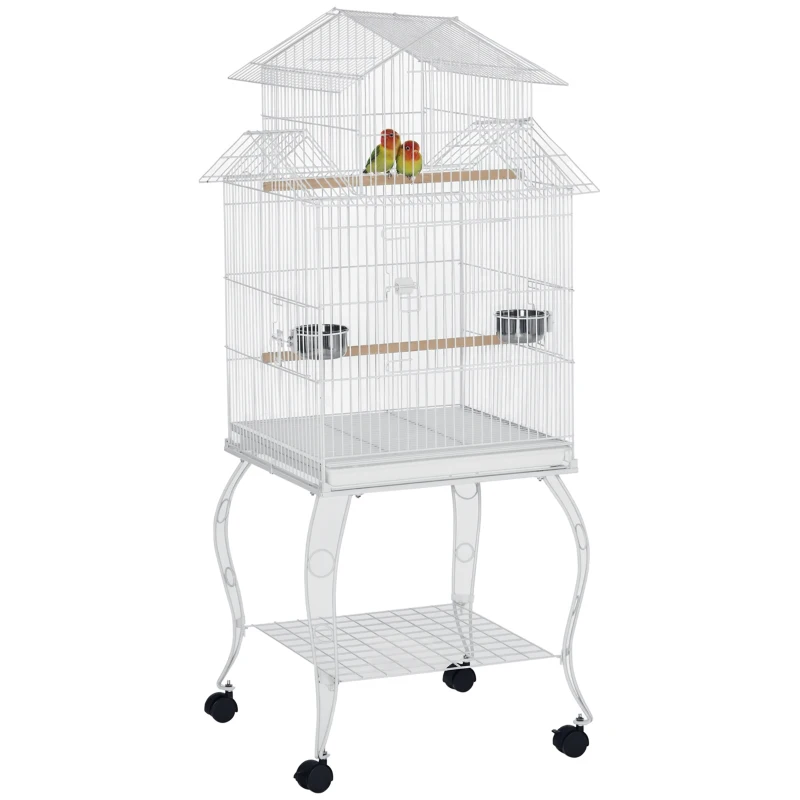 PawHut Gaiola para Pássaros com Rodas Bandeja Amovível Portas Comedouro Poleiro e Prateleira Inferior 50x49x137cm Branco