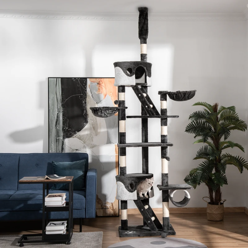 PawHut Arbre à Chat Suspendu avec Hauteur Réglable 240-260cm, Arbre à Chat à Plusieurs Niveaux avec Cabanes, Hamacs et Échelles, Cordes en Sisal, Gris Foncé et Blanc