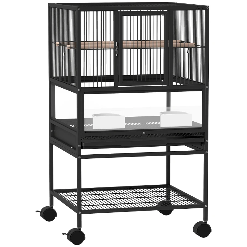 PawHut Cage pour Oiseaux avec Étagère Inférieure, Plateau et Grille Amovibles, en Acier et PP, 48x46x83 cm, Noir