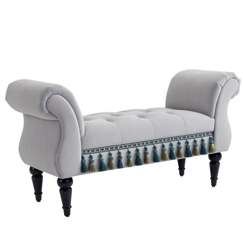 HOMCOM Banc Banquette capitonnée Velours Bout de lit avec accoudoirs Pieds Bois hévéa Gris 40P x 117l x 58H cm