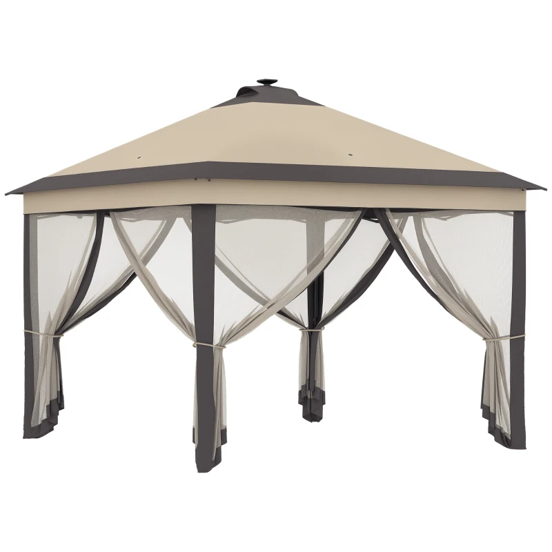 Outsunny Carpa Plegable con Luces LED 3,3x3,3 m Cenador de Jardín con Control Remoto  con 4 Mosquiteras Altura Ajustable Beige