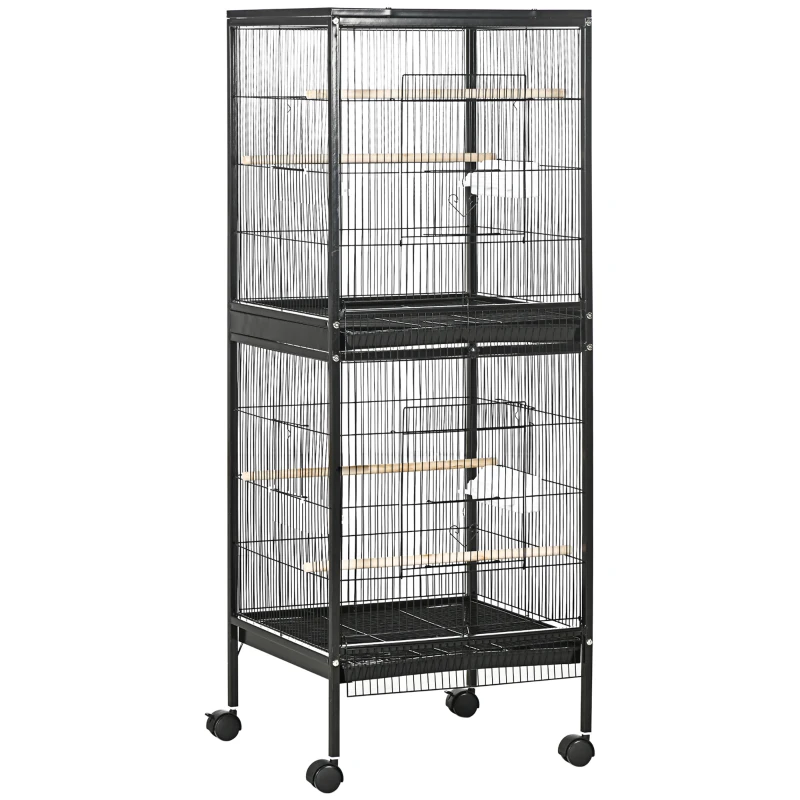 PawHut Jaula para Pájaros de 2 Niveles con Ruedas Bandejas Extraíbles Puertas Comederos Perchas 51,5x50x140 cm Negro