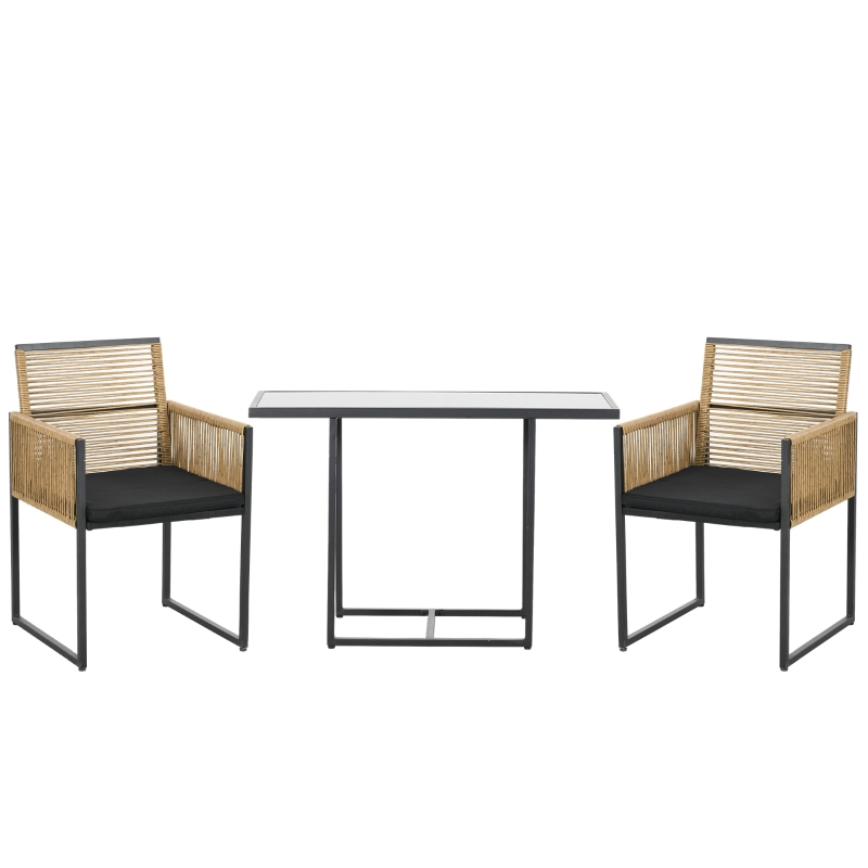 Outsunny Set de Mesa de Cristal y 2 Sillas de Ratán Sintético con Respaldos Plegables Diseño Anidado con Cojines Natural y Negro
