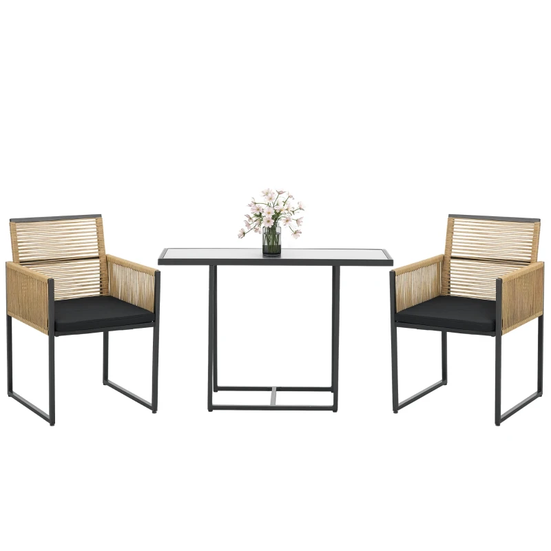 Outsunny Conjunto de 3 Peças de Jardim com 2 Cadeiras de Vime com Encosto Dobrável e Almofadas e Mesa de Vidro Natural e Preto