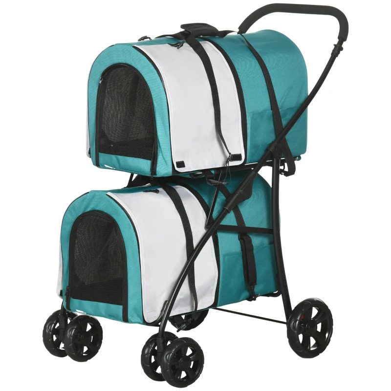 PawHut Poussette Double pour Chiens Chats Pliable avec 2 Sièges Auto Amovibles avec Ceinture et Coussins 66x50x98cm Vert et Gris