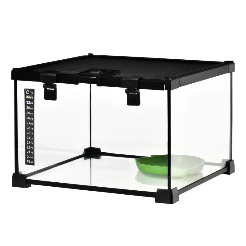 PawHut Terrarium pour Reptiles surélevé avec Serrure et Thermomètre, en Verre et Treillis Métallique, 30x30x20 cm, Noir