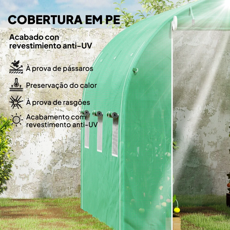 Outsunny Estufa Tipo Túnel 296x196x200 cm Estufa de Jardim com 3 Portas e 6 Janelas Enroláveis Teto Curvo para Cultivo Verde