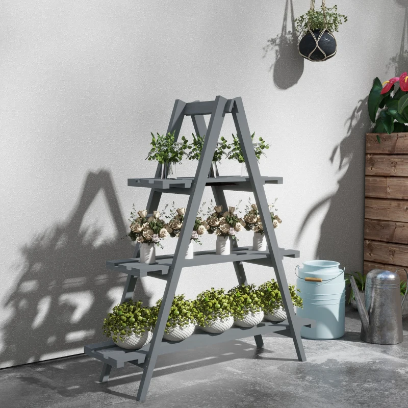 Outsunny Porte-Plantes Vertical 3 Niveaux à Lattes, en Bois de Sapin, 100x36x112 cm, Gris