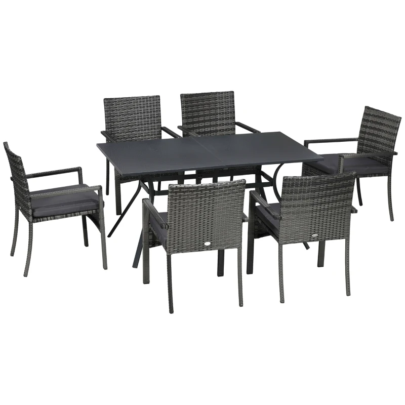 Outsunny Juego de Muebles de Jardín para Exterior de Ratán de 7 Piezas Incluye 6 Sillas con Cojines y Mesa de Metal Gris