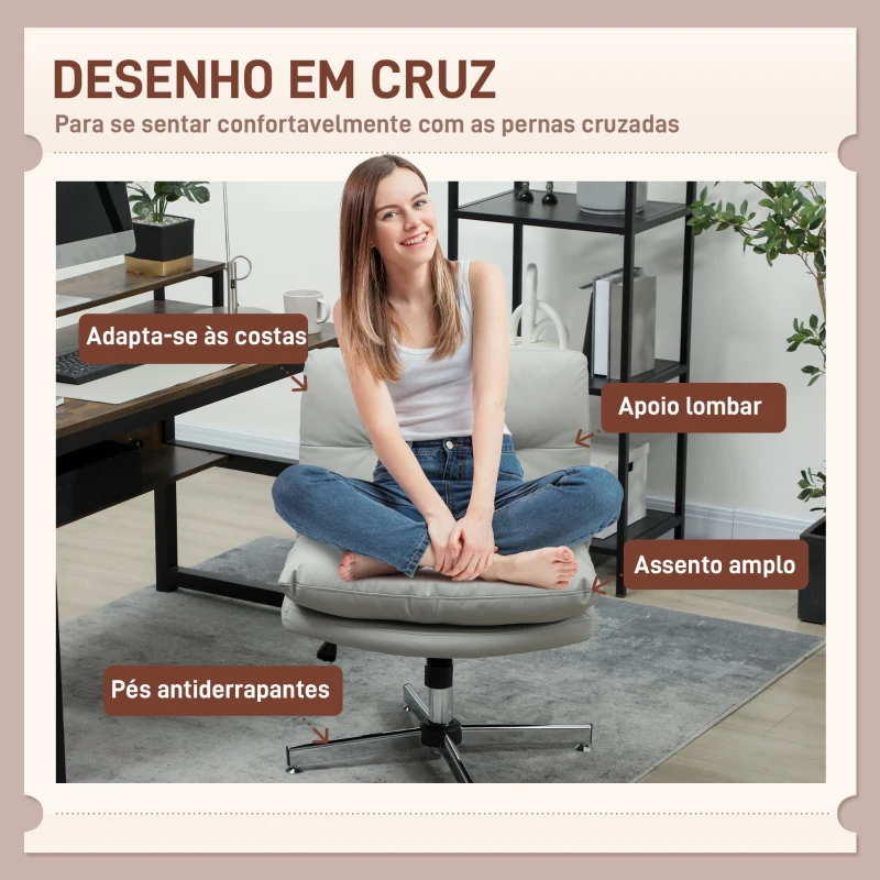 HOMCOM Cadeira de Escritório com Altura Ajustável Função Basculante Base Cruzada e Assento Amplo Cadeira para Estúdio 65x65x84-94 cm Cinza Claro