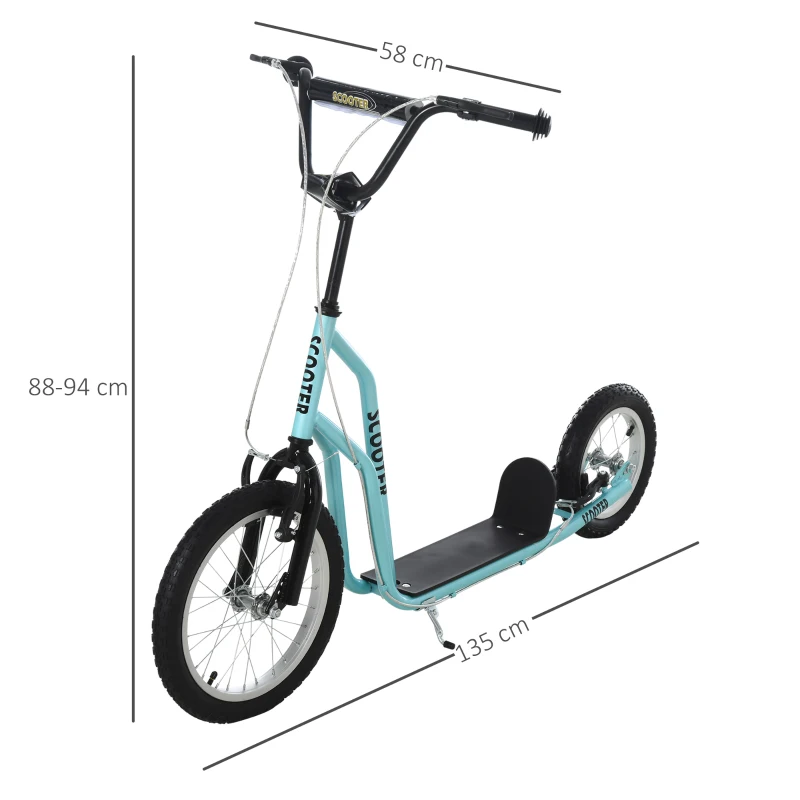 HOMCOM Trottinette pour enfants à partir de 5 ans Scooter Trottinette urbaine Enfant Kickboard avec pneus gonflables 16/12 pouces Bleu 135 x 58 x 88-94 cm
