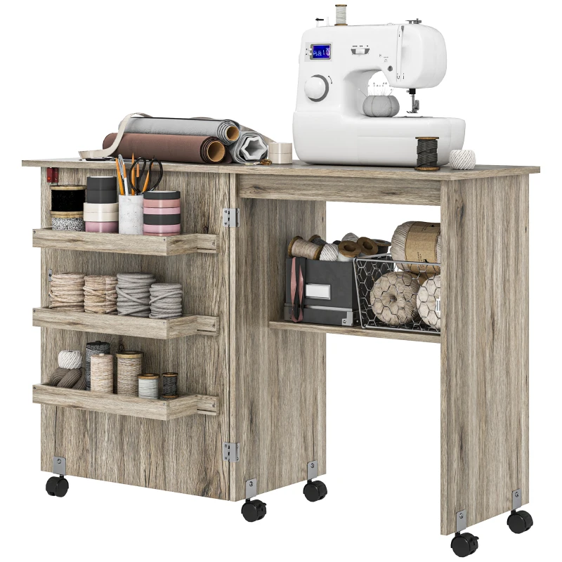 HOMCOM Table de couture pliante meuble couture à abattant avec bacs de rangement, étagère ouverte et roulettes effet bois grisé