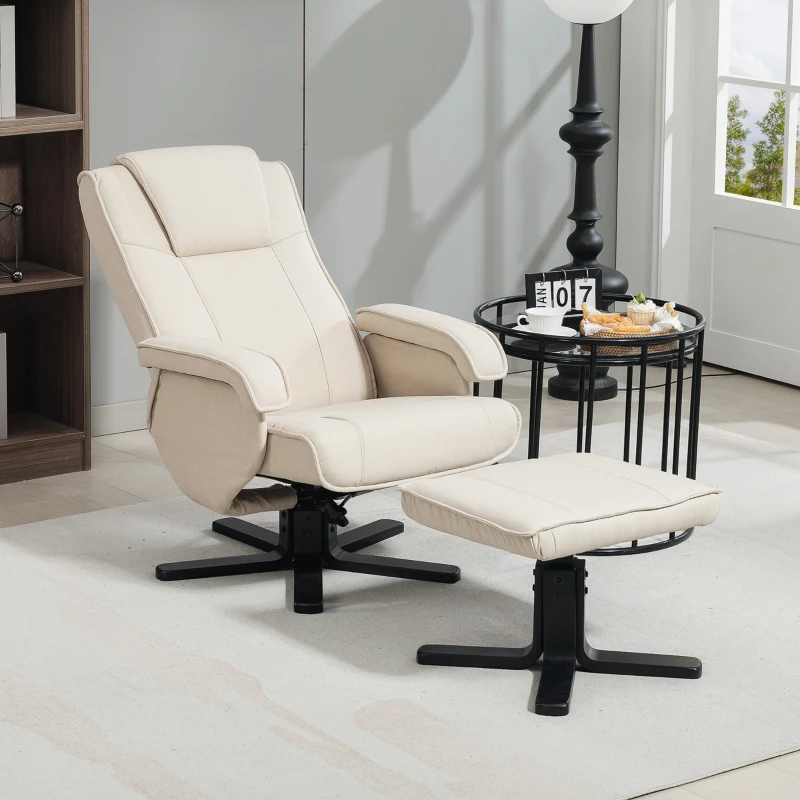 HOMCOM Fauteuil Relax Inclinable avec Repose-Pieds Pivotant Revêtement en Lin avec Base en Bois Beige